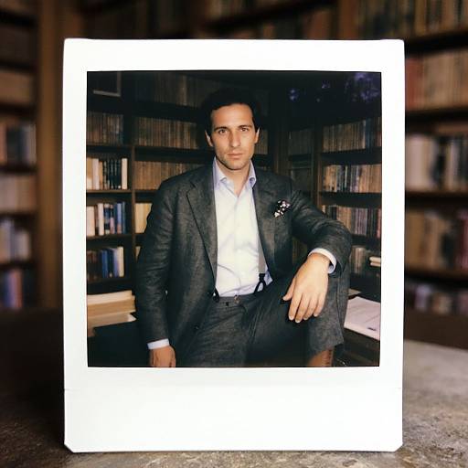 Photograph of a handsome man with dark hair, wearing a dark gray suit and white shirt, sitting in a library with bookshelves in the background