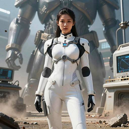 Photorealistic CGI: Asian woman in white futuristic armor, black gloves, and high-tech suit, standing confidently in front of a large, armored robot