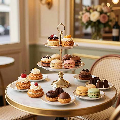 Elegant French Pastries in Parisian Café
