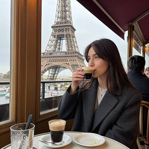 Photograph of a woman with long black hair, wearing a dark gray coat, sipping a coffee in a Paris café with Eiffel Tower view