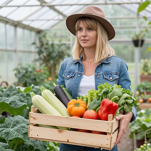 Photograph of a blonde woman in a brown hat and denim jacket, holding a wooden crate with zucchini, tomatoes, bell peppers, and lettuce in