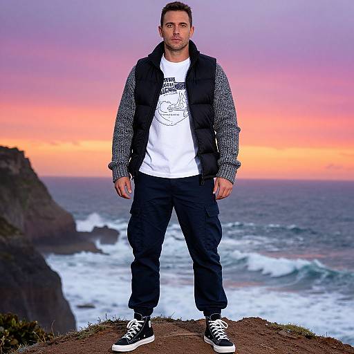 Photograph of a man standing on a cliff at sunset, wearing a white shirt, black vest, gray sweater, black pants, and black sneakers,