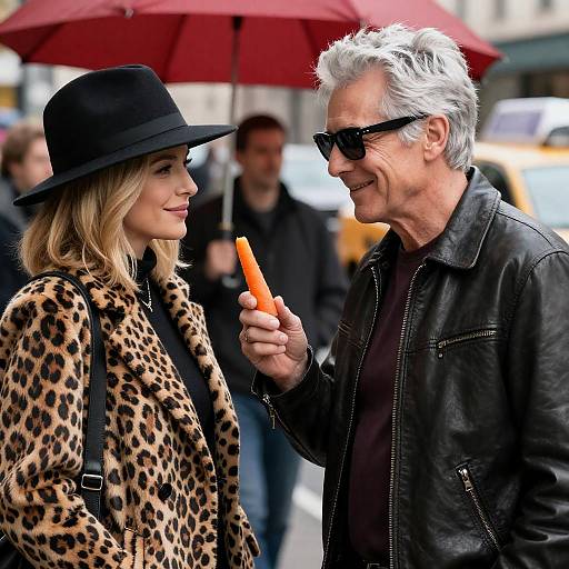 Man Showing Carrot to Woman on City Street