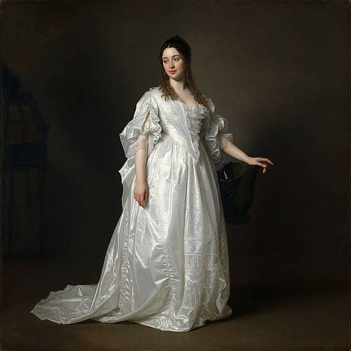 Photograph of a pale-skinned woman with dark hair in a silver, reflective, Victorian-style gown, standing against a dark background.