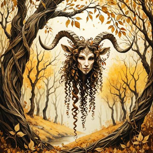 Fantasy Faun with Curly Horns in Autumn Forest