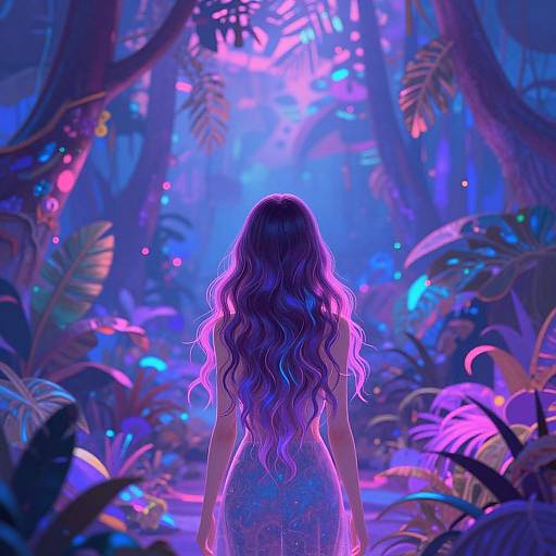Digital artwork of a woman with long, wavy purple hair standing in a vibrant, neon-lit jungle, surrounded by glowing plants.