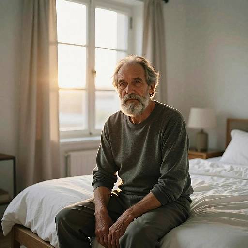 Photograph of an elderly man with gray hair and beard, wearing a gray sweatshirt and pants, sitting on a bed in a sunlit bedroom.