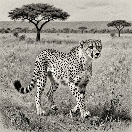 Black-and-white digital drawing of a spotted cheetah standing in tall grass, with acacia trees in the background, capturing a safari scene.