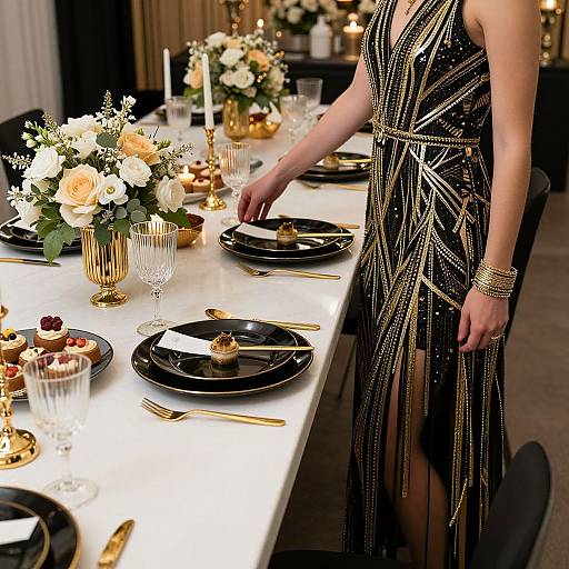 Photograph of a woman in a black, gold-beaded, geometric dress, setting a luxurious table with black plates, gold cutlery, and