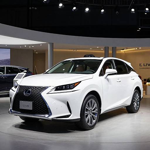 Photograph of a sleek, white Lexus SUV with sharp headlights and chrome details displayed in a well-lit showroom with other cars in the background.