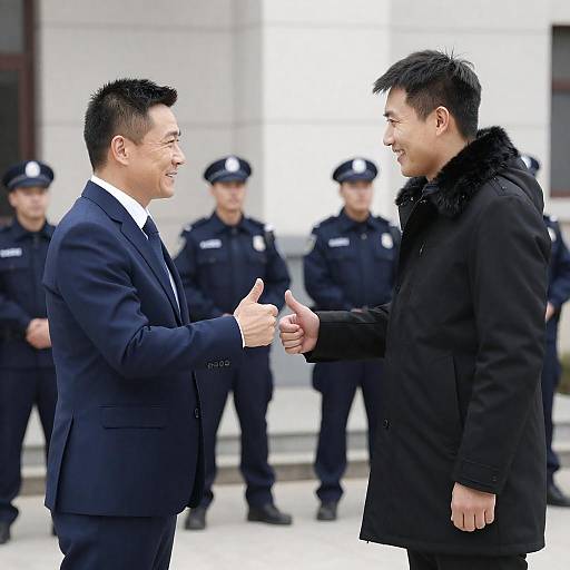 Two Men Giving Thumbs Up in Front of Police Officers