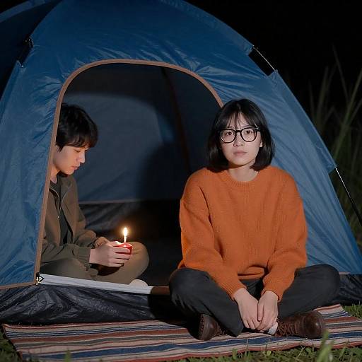 Two People Camping at Night with Candlelight