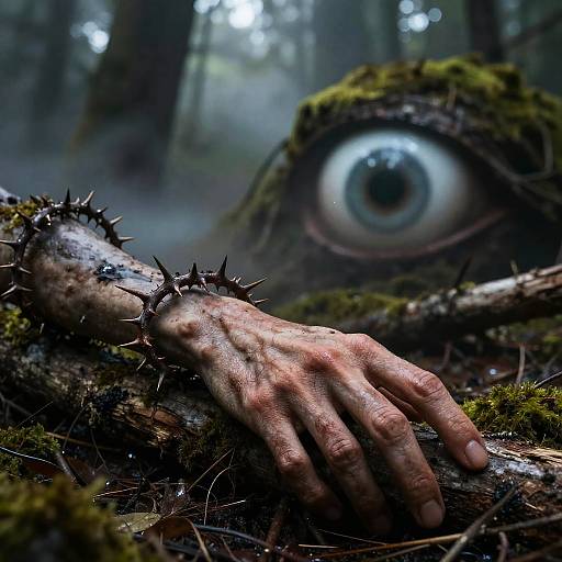 Photograph of a moss-covered, spiked, severed hand in a dark, foggy forest, with a large, detailed, mossy eye in the