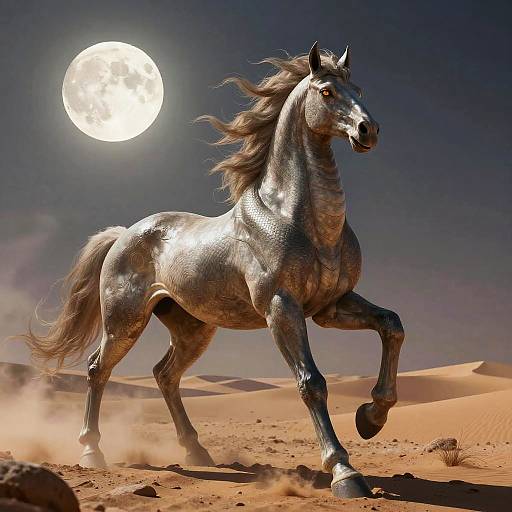 Photorealistic digital artwork of a powerful, silver-gray horse galloping in a desert under a bright full moon. Dust clouds surround its hooves