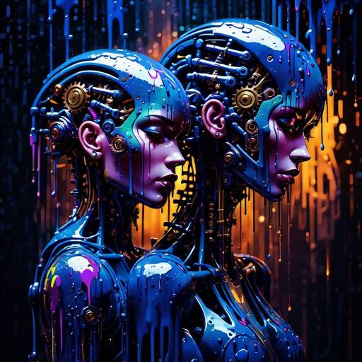 Futuristic Bond: Robot and Human Under Umbrella