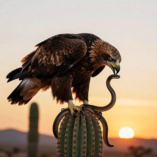 Eagle Feeding on Snake at Sunset