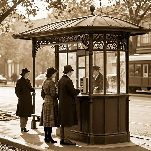 Sepia-toned photograph of four people in vintage attire, standing around an ornate street kiosk with glass panels, on a sunlit urban street