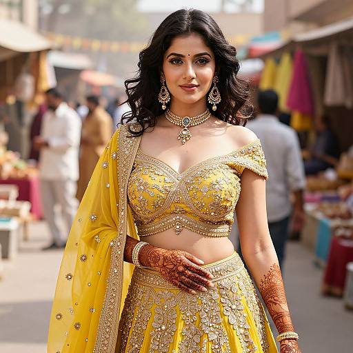 Photograph of an Indian woman with dark wavy hair, wearing a yellow off-shoulder lehenga adorned with gold embroidery, matching choli,