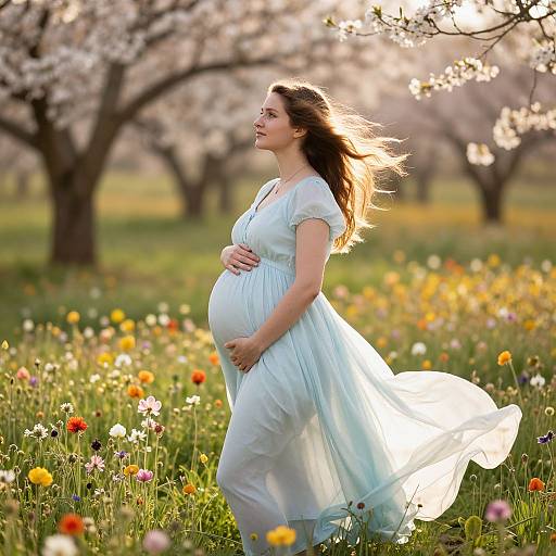 Pregnant woman in flowing white dress stands in sunlit meadow of colorful flowers, with blooming cherry trees in background. Photograph.