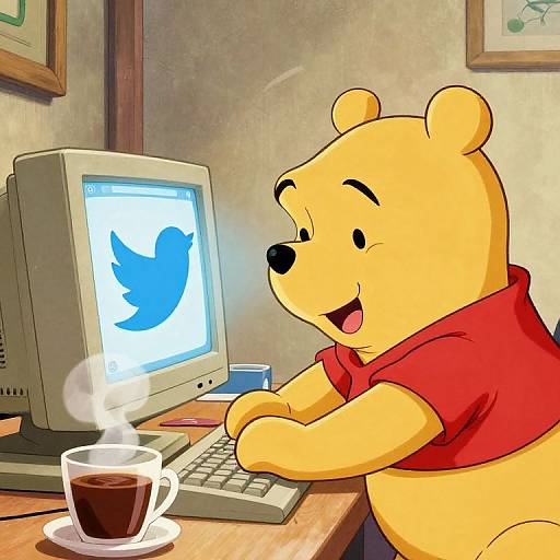 Cartoon bear in red shirt using old computer, smiling at blue Twitter bird icon, with steaming cup of coffee on desk.