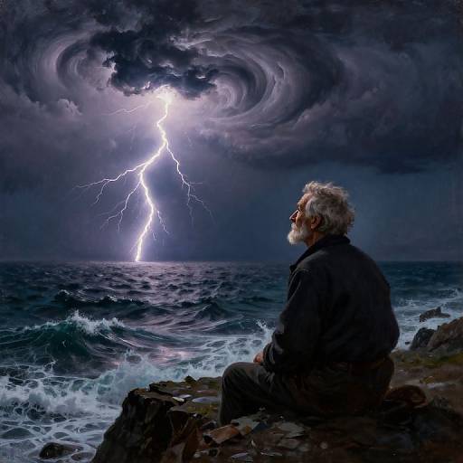 Old man with white beard sits on rocky shore, gazing at swirling storm clouds and bright lightning bolt over turbulent ocean. Digital art.