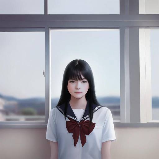 Girl in Japanese School Uniform by Classroom Window