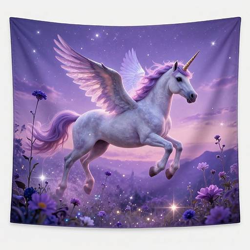 Digital illustration of a white, winged unicorn with a glowing purple mane and tail, leaping in a magical, starry field of purple flowers at