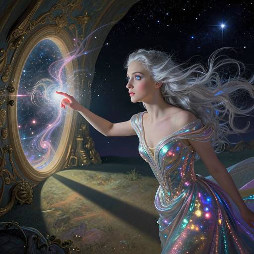 Digital fantasy artwork: Silver-haired woman in iridescent, multicolored gown casts magical light through ornate, oval window in starry night.