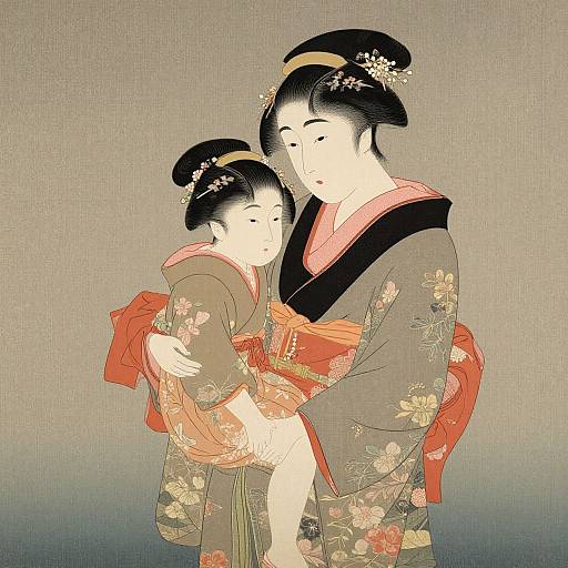 Traditional Japanese woodblock print of a woman in a floral kimono, carrying a young child in a red kimono, both with black hair upsets