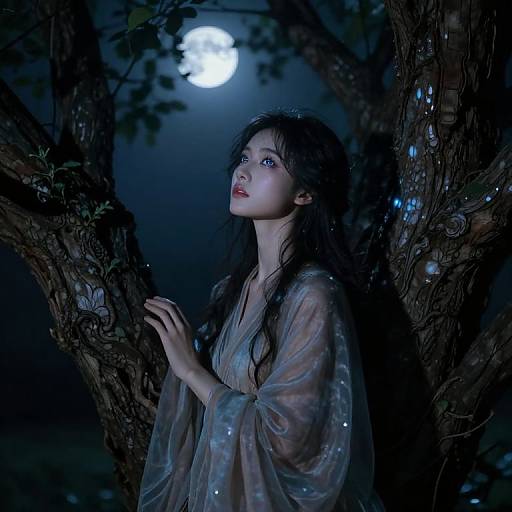 Photograph of a pale, young woman with long, dark hair, wearing a translucent, flowing dress, standing in a moonlit forest, leaning against