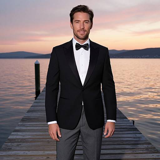 Photograph of a handsome man with short brown hair, beard, and blue eyes, wearing a black tuxedo, white shirt, and black bow