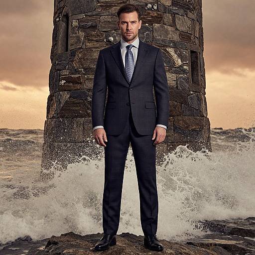 Photograph of a serious, bearded man in a dark suit standing in front of a stone tower with waves crashing behind him at sunset.