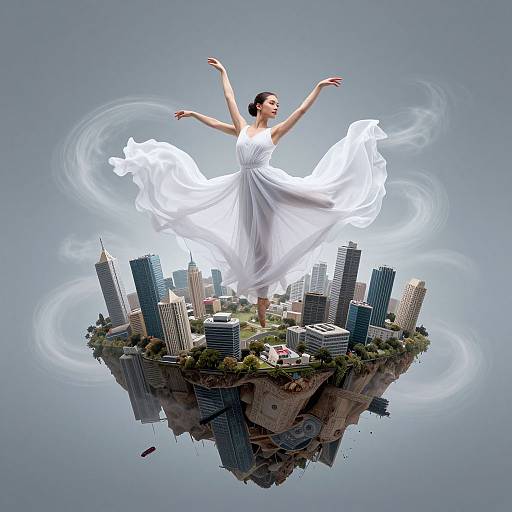 Digital artwork: A woman in a flowing white dress dances on a floating cityscape with skyscrapers, surrounded by swirling white clouds.