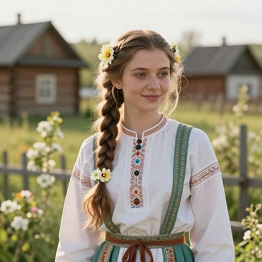 Photograph of a young woman with fair skin and long brown hair in a braid, wearing a white embroidered blouse and green apron, adorned with