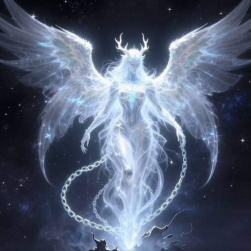 Digital art of a glowing, ethereal angel with transparent wings, radiating white light, chained, floating in a starry, dark cosmic background.