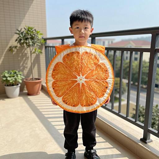 Boy Wearing Orange Slice Costume on Balcony