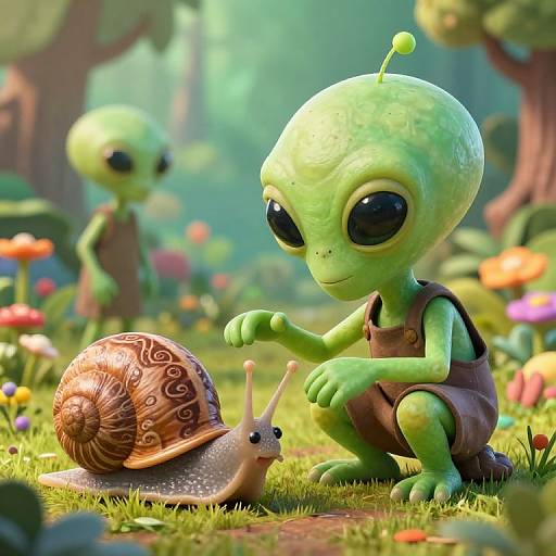 CGI image of a green, alien child with large eyes, wearing brown overalls, interacting with a snail in a colorful, whimsical forest