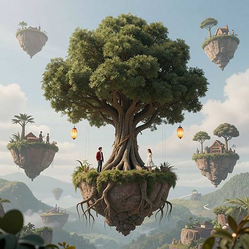 Fantasy CGI image: Large, floating tree with lush greenery, two people hanging lanterns, surrounded by smaller floating islands and distant mountains.