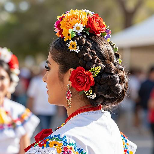 Photograph of a Latina woman with braided hair, wearing a floral crown and traditional embroidered blouse, side profile, colorful background.