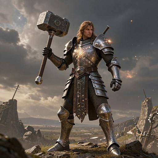 Epic photograph of a muscular, bearded man in shining medieval armor holding a large, metal hammer, standing on rocky terrain under a dramatic, cloudy