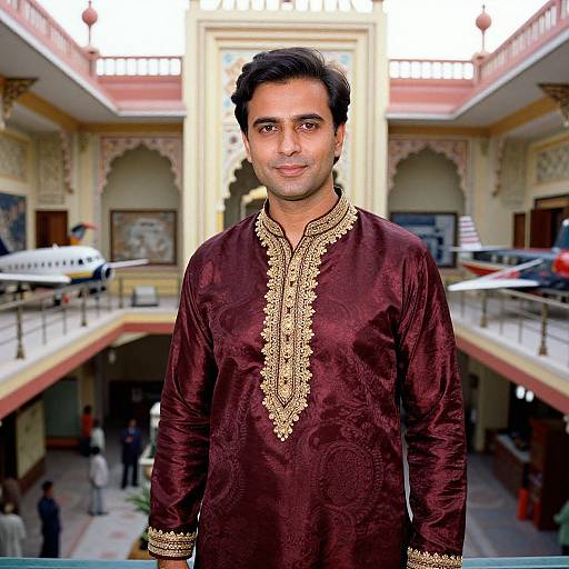 Photograph of a South Asian man with short black hair, wearing a maroon traditional kurtah with gold embroidery, standing in an ornate,