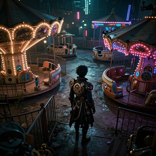 Cyberpunk silhouette in futuristic, neon-lit carnival with colorful, illuminated boats; wet, reflective ground; intricate, glowing armor; dark, mo