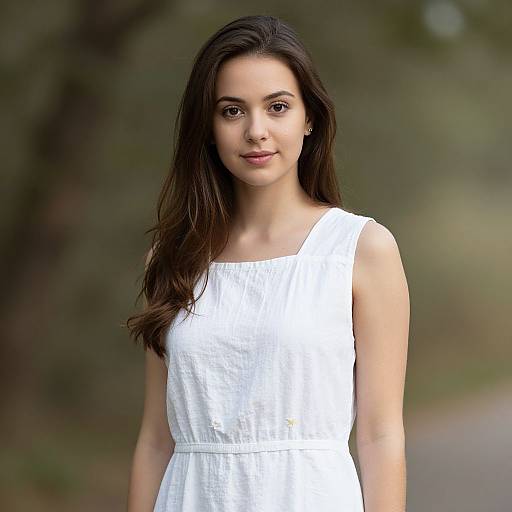 Photograph of a young woman with long brown hair, wearing a sleeveless white dress, standing outdoors against a blurred green background.