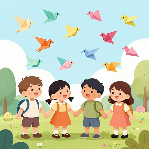 Joyful Children and Origami Birds