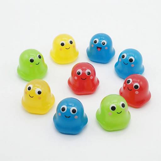 Photograph of eight colorful, glossy, round slime-like creatures with cute, smiling faces, in yellow, green, blue, and red, scattered on