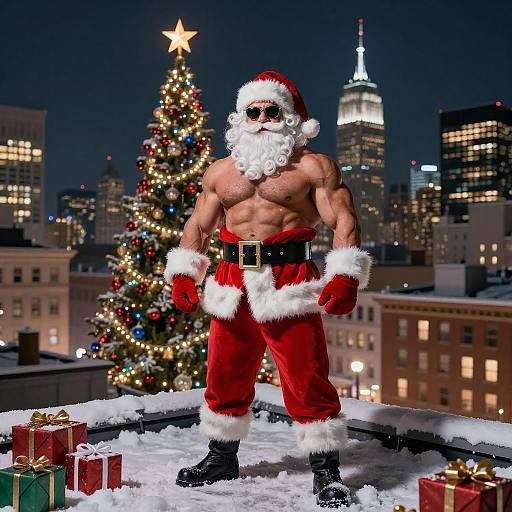 Muscular Santa Claus on Snowy Rooftop