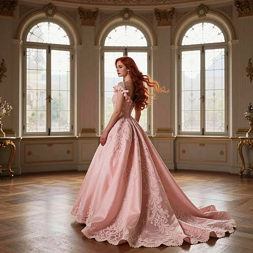 Red-Haired Woman in Ornate Pink Gown