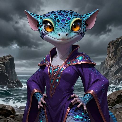 Digital art of a blue-scaled, wide-eyed lizard-like creature with large ears, wearing a purple, ornately decorated robe, standing confidently by a