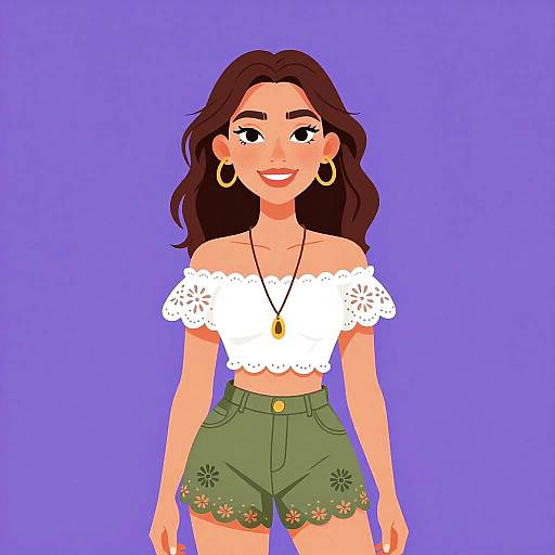 Digital illustration of a smiling woman with long brown hair, wearing a white off-shoulder lace top, green floral shorts, gold hoop earrings, and