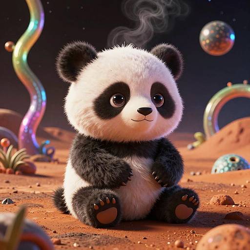Cute CGI panda cub with fluffy fur, sitting on desert-like ground, surrounded by colorful, glowing orbs and twisted, iridescent tubes.